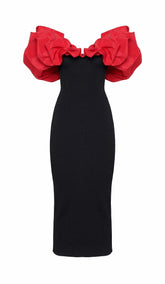 RUFFLED PENCIL MIDI DRESS IN BLACK